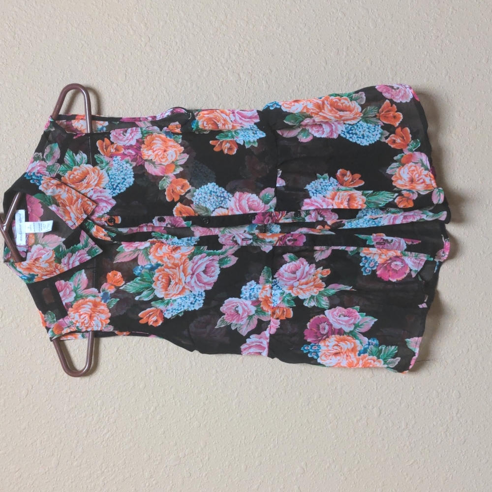 Ambiance apparel button up blouse tank top black floral pink mesh size small